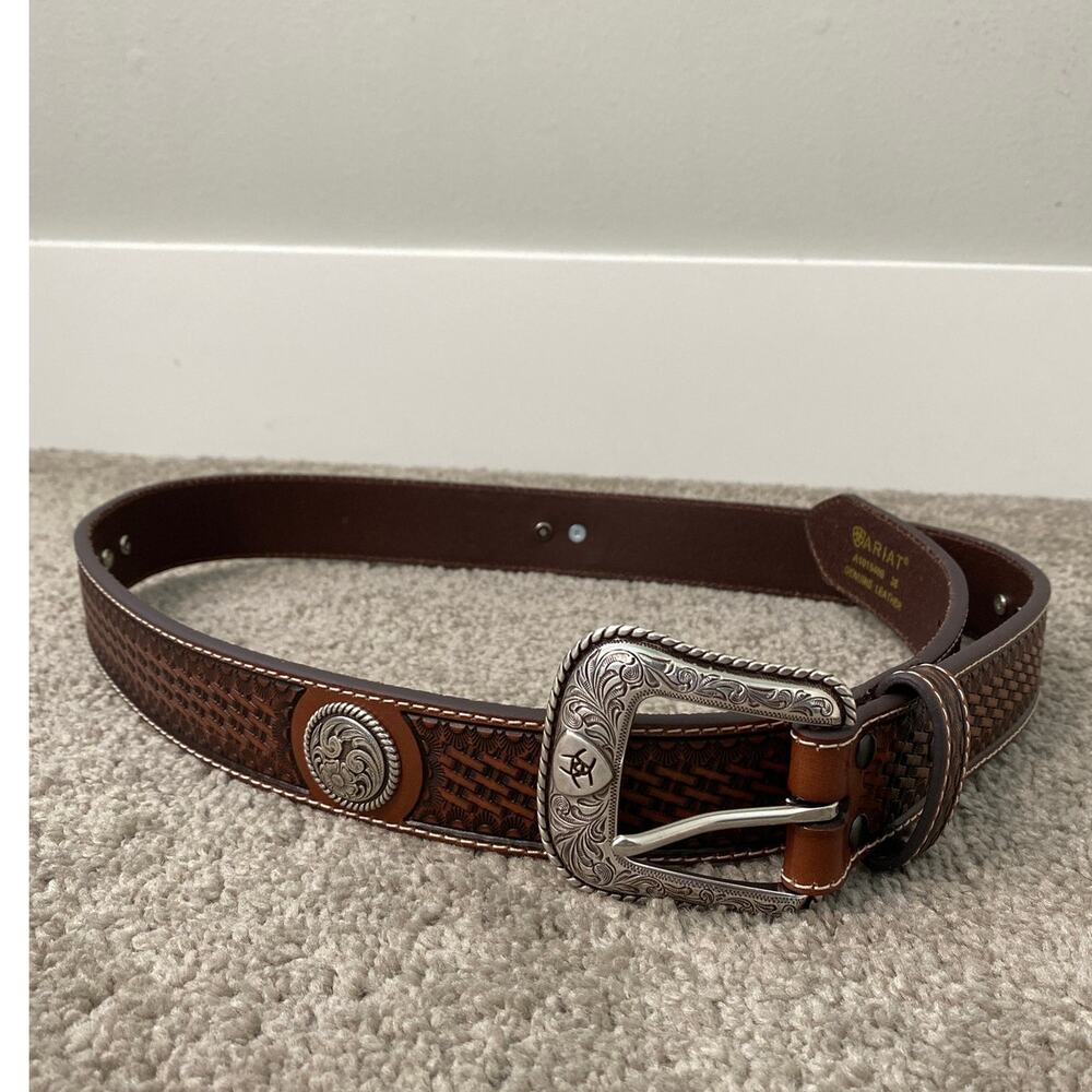New Ariat Brown Basketweave Leather Western Concho Belt Size 38